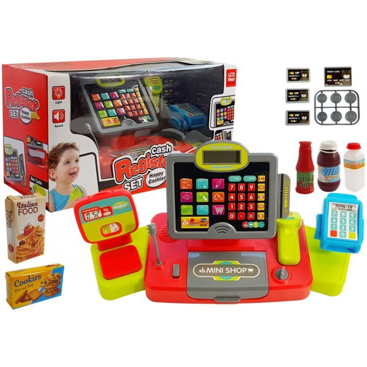 Pokladňa s čítačkou kariet a potravinami čierno-červená