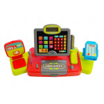 Pokladňa s čítačkou kariet a potravinami čierno-červená