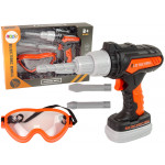 Oranžová detská vŕtačka s ochrannými okuliarmi