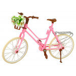 Bábika Emily v ružových šatách na bicykli