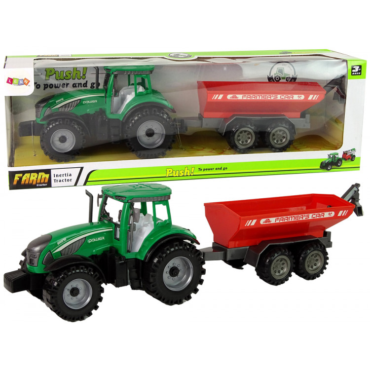 Zelený traktor s červenou vlečkou – trecí pohon