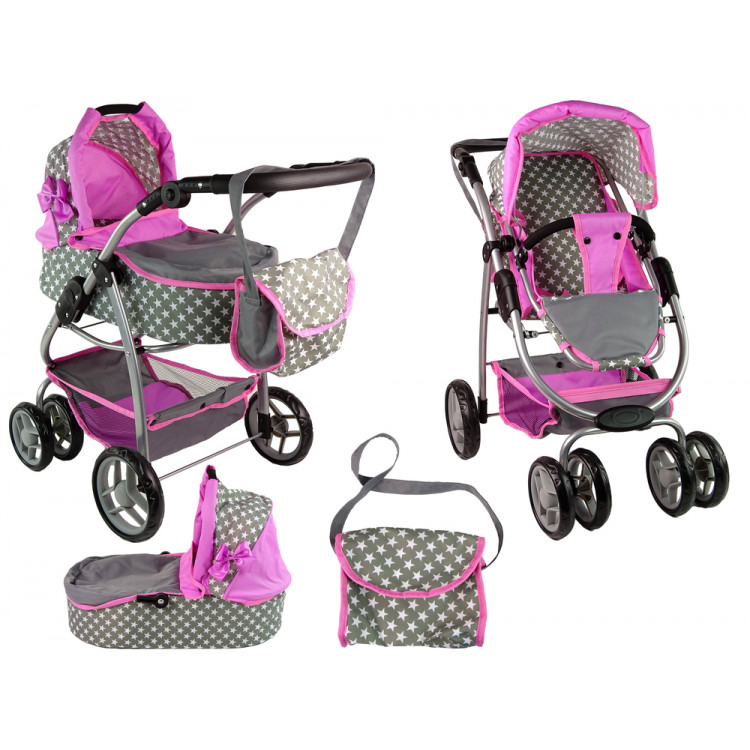 Väčší kočík pre bábiky 2v1 - Pink Stars Väčší kočík pre bábiky 2v1 - Pink Stars