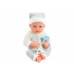 Bábika v bielo-sivom pruhovanom outfite s čiapočkou, cumlíkom a dekou