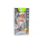 Bábika v bielo-sivom pruhovanom outfite s čiapočkou, cumlíkom a dekou