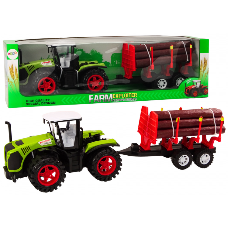 Poľnohospodársky traktor s prívesom na drevo, 9 kmeňov – zelená
