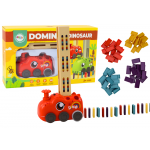 Červený dinosaurus auto na batériu aranžuje farebné domino - 4 farby kociek