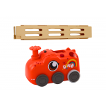 Červený dinosaurus auto na batériu aranžuje farebné domino - 4 farby kociek