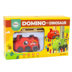 Červený dinosaurus auto na batériu aranžuje farebné domino - 4 farby kociek