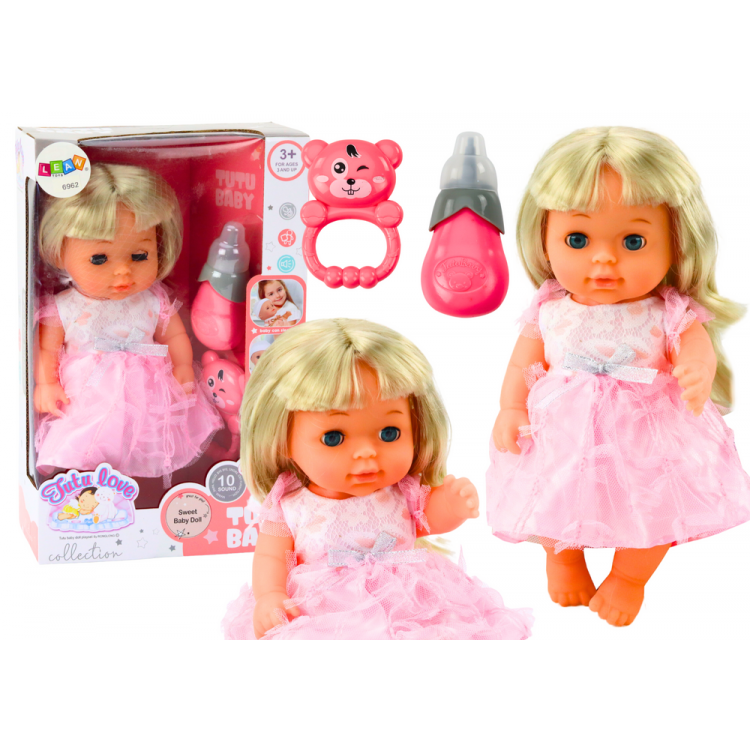 Bábika v svetloružových šatách, cikajúca – zvukové efekty