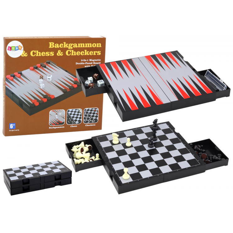 Herná sada 3v1 Magnetická tabuľa - Šach Dáma Backgammon