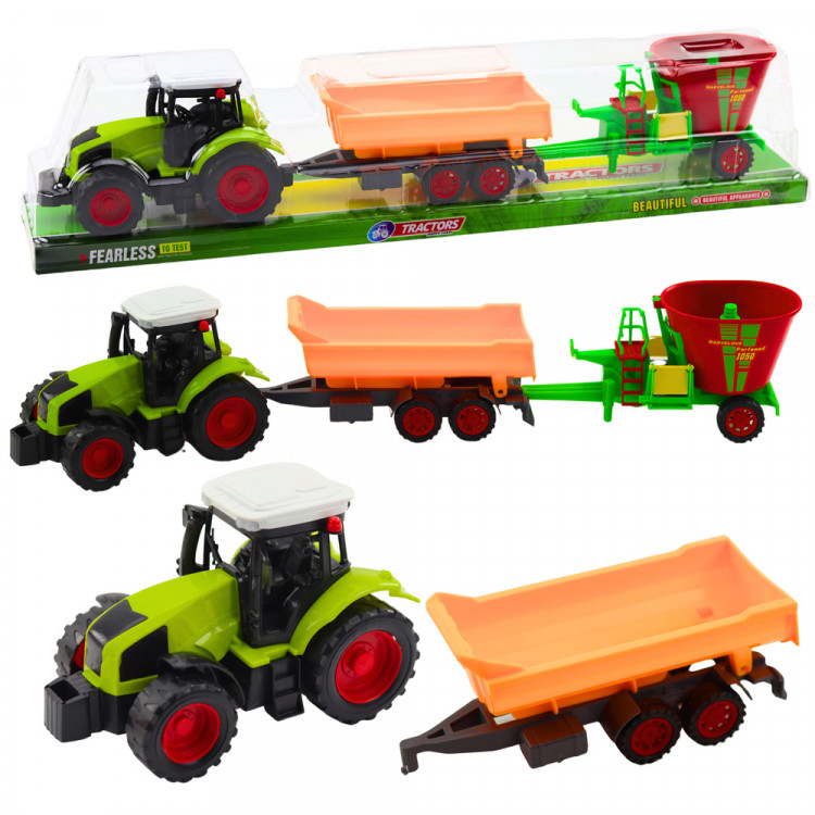 Traktor s prívesom a kŕmnym vozom