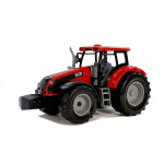 Červený traktor so zelenými hrabľami a bielou cisternou na vodu