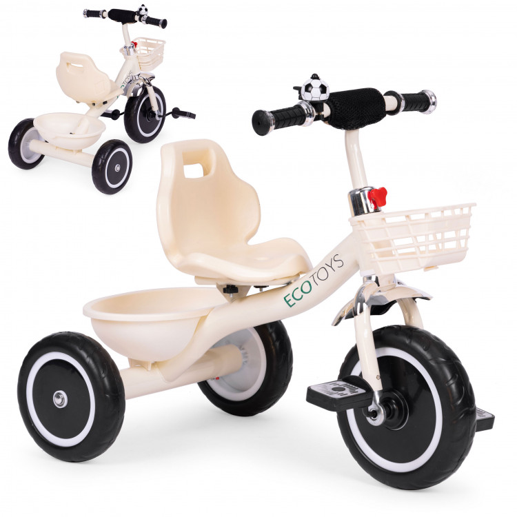 Trojkolesový bicykel s protišmykovými rukoväťami, zvončekom a košíkom, béžový, ECOTOYS