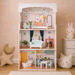 Domček pre bábiky Alice, 3 poschodia, 4 izby, 9 kusov nábytku ECOTOYS
