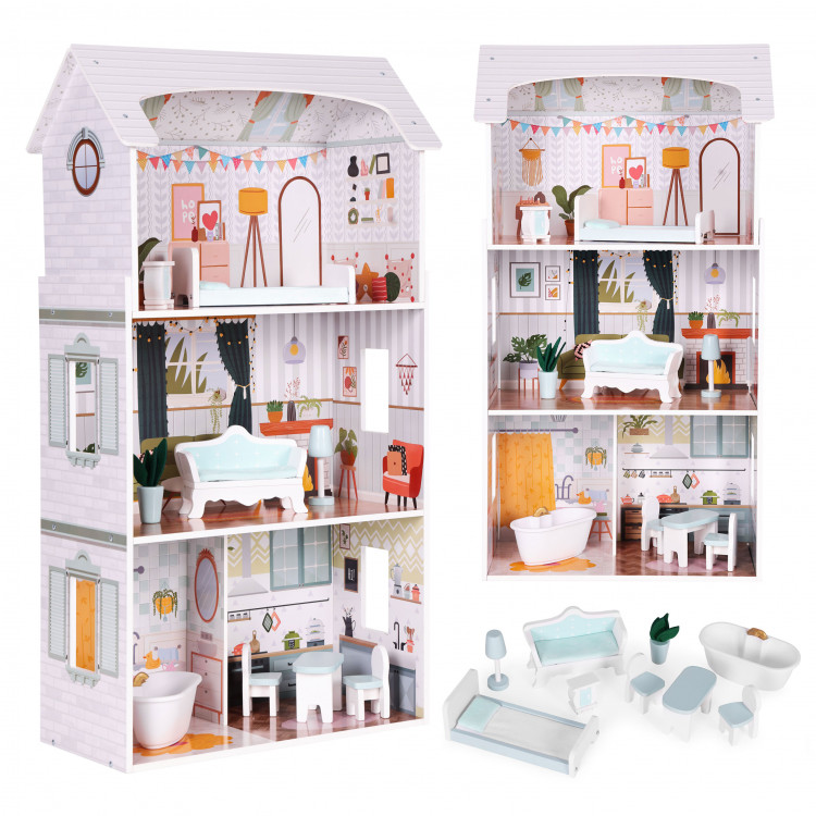 Domček pre bábiky Alice, 3 poschodia, 4 izby, 9 kusov nábytku ECOTOYS