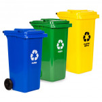 Sada 3 odpadkových košov 3x120L modrá zelená žltá odpad papier sklo plast gumové kolieska