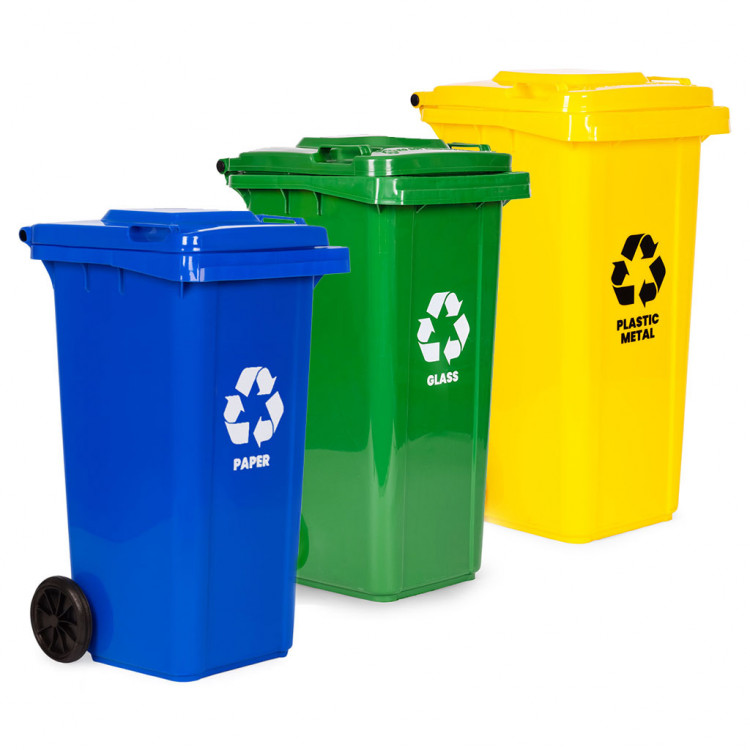 Sada 3 odpadkových košov 3x120L modrá zelená žltá odpad papier sklo plast gumové kolieska
