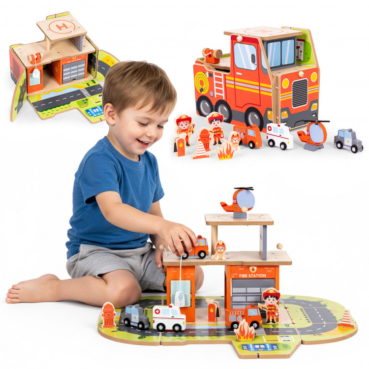 Drevená garáž 2v1 - hasičská stanica ECOTOYS Drevená garáž 2v1 - hasičská stanica ECOTOYS