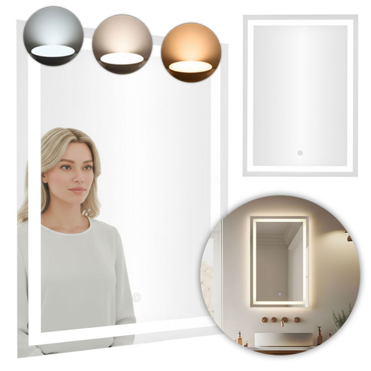 Kúpeľňové nástenné zrkadlo LED 50x70 cm 3 farby dotykový spínač ModernHome