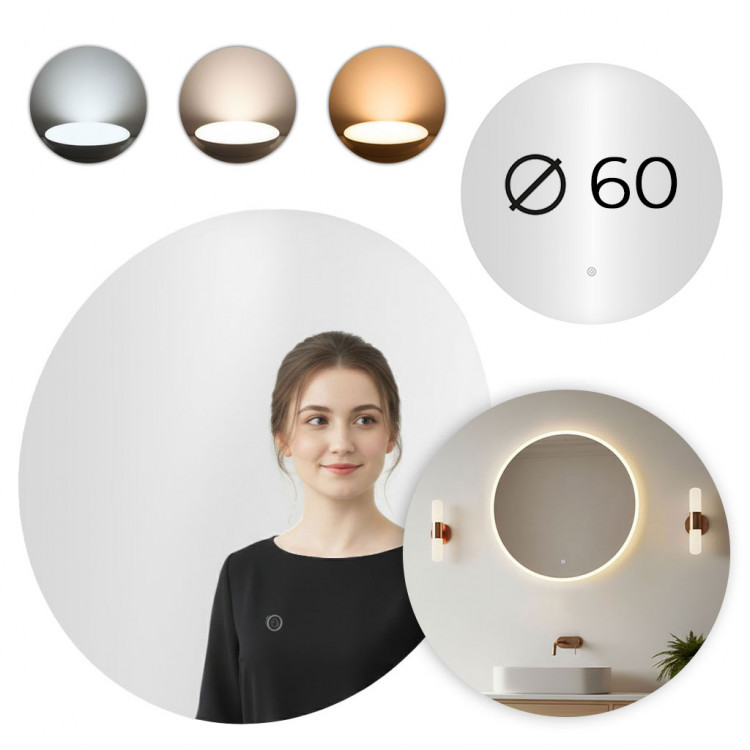 LED zrkadlo do kúpeľne okrúhle nástenné 60 cm 3 farby dotykový spínač ModernHome