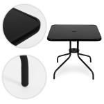 Záhradný stôl štvorcový 80 cm z tvrdeného skla s otvorom na dáždnik čierny MultiGarden