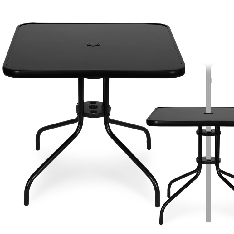 Záhradný stôl štvorcový 80 cm z tvrdeného skla s otvorom na dáždnik čierny MultiGarden