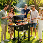 Záhradný gril na drevené uhlie s vekom nastaviteľný rošt teplomer popolník MultiGarden