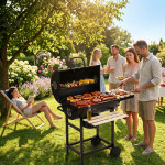 Záhradný gril na drevené uhlie s vekom teplomerom popolník drevené police MultiGarden