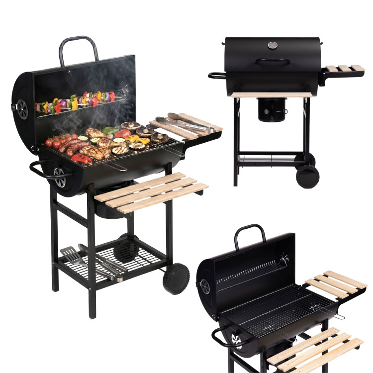 Záhradný gril na drevené uhlie s vekom teplomerom popolník drevené police MultiGarden