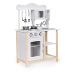 Drevená detská kuchynka s rúrou a príslušenstvom na varenie - biela ECOTOYS