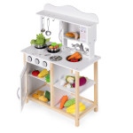 Drevená detská kuchynka s rúrou a príslušenstvom na varenie - biela ECOTOYS