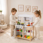 Drevená detská kuchynka s rúrou a príslušenstvom na varenie - biela ECOTOYS
