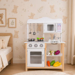 Drevená detská kuchynka s rúrou a príslušenstvom na varenie - biela ECOTOYS