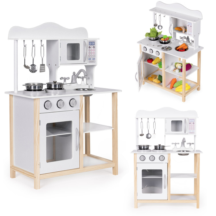 Drevená detská kuchynka s rúrou a príslušenstvom na varenie - biela ECOTOYS
