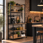 Kuchynská polička so stojanom, 84 cm, 6 úrovní, háčiky, štýl loft, svetlý dub, ModernHome