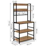 Kuchynská polička so stojanom, 84 cm, 6 úrovní, háčiky, štýl loft, svetlý dub, ModernHome