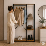 Stojan s regálom do predsiene na oblečenie a topánky, štýl loft, svetlý dub, ModernHome Stojan s regálom do predsiene na oblečenie a topánky, štýl loft, svetlý dub, ModernHome