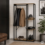 Stojan s regálom do predsiene na oblečenie a topánky, štýl loft, svetlý dub, ModernHome Stojan s regálom do predsiene na oblečenie a topánky, štýl loft, svetlý dub, ModernHome