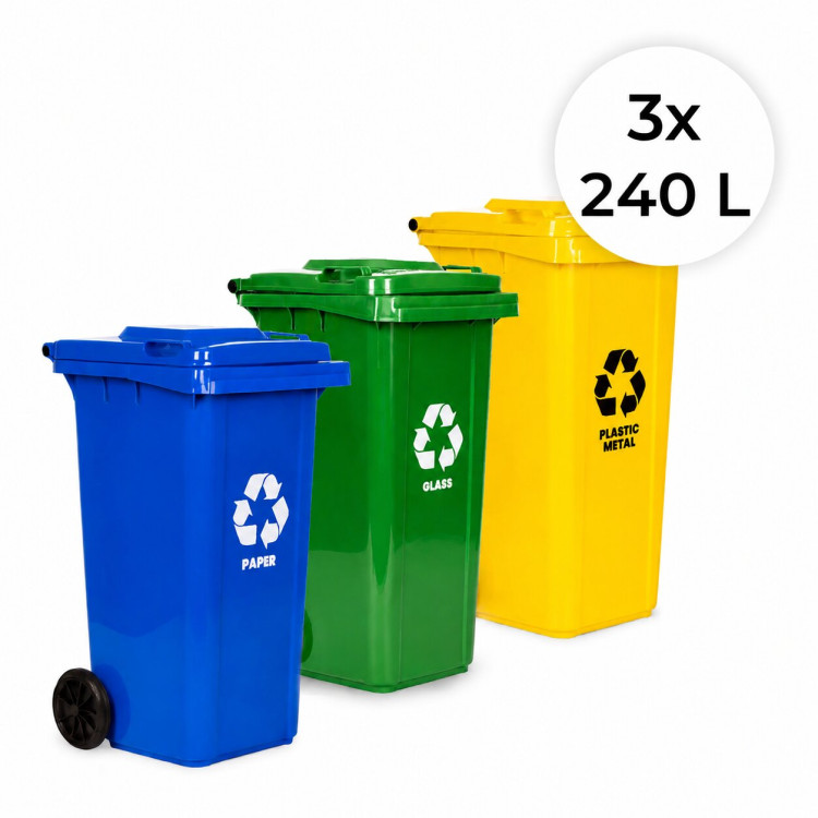Sada 3 odpadkových košov, nádoby 3x240 l, modrá, zelená, žltá, papier, sklo, plast, gumové kolieska Sada 3 odpadkových košov, nádoby 3x240 l, modrá, zelená, žltá, papier, sklo, plast, gumové kolieska