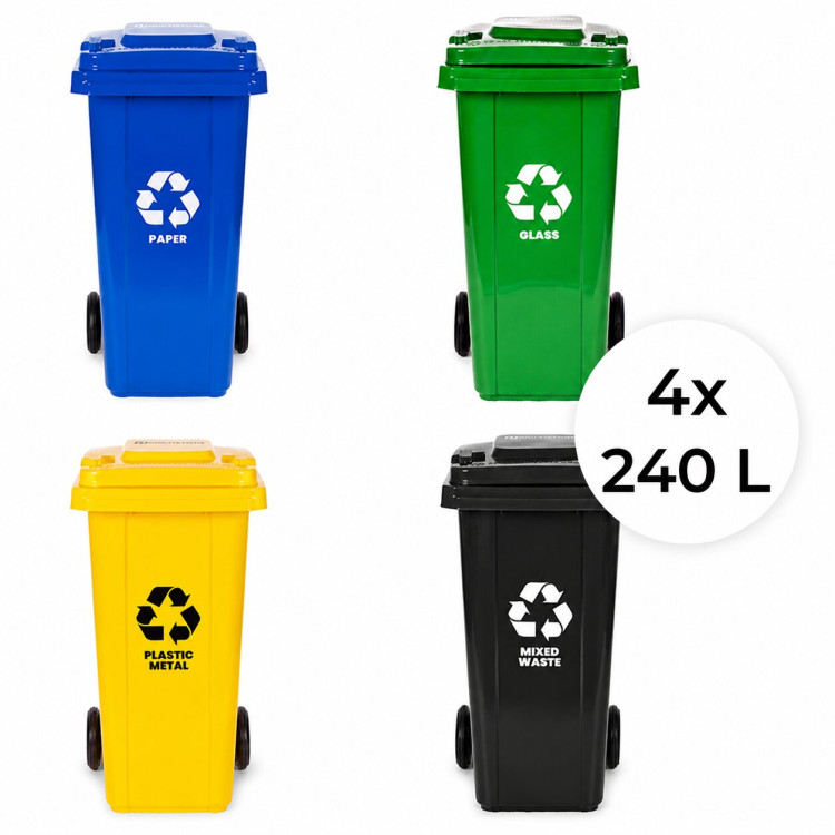 Sada 4 odpadkových košov, nádoby 4x240 l, modrá, zelená, žltá, čierna, papier, sklo, plast, zmiešaný odpad, gumové kolieska