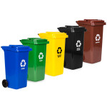 Sada 5 odpadkových košov, nádoby 5x240 l, modrá, zelená, žltá, čierna, hnedá, papier, sklo, plast, zmiešaný odpad, BIO, gumové kolieska