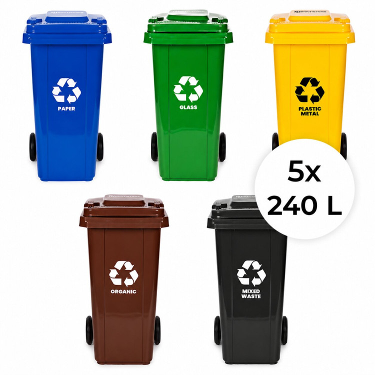 Sada 5 odpadkových košov, nádoby 5x240 l, modrá, zelená, žltá, čierna, hnedá, papier, sklo, plast, zmiešaný odpad, BIO, gumové kolieska
