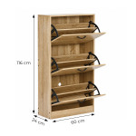3-komorová skriňa na topánky, 60 cm, s výklopnými dvierkami, do predsiene, štýl loft, svetlý dub, ModernHome
