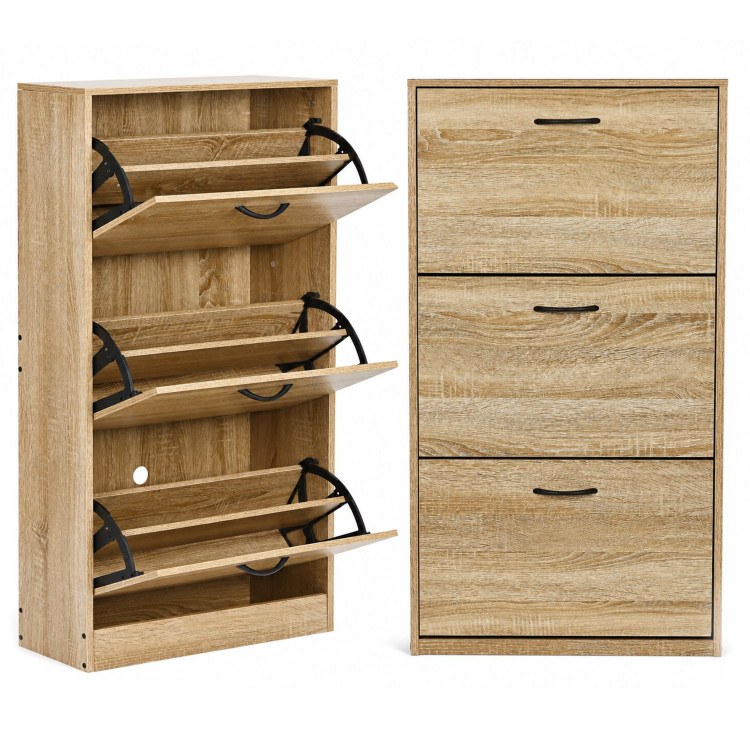 3-komorová skriňa na topánky, 60 cm, s výklopnými dvierkami, do predsiene, štýl loft, svetlý dub, ModernHome