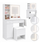 Kozmetický stolík so zrkadlom a LED osvetlením v 3 farbách, sklopná doska, police, zásuvky, stolička ModernHome