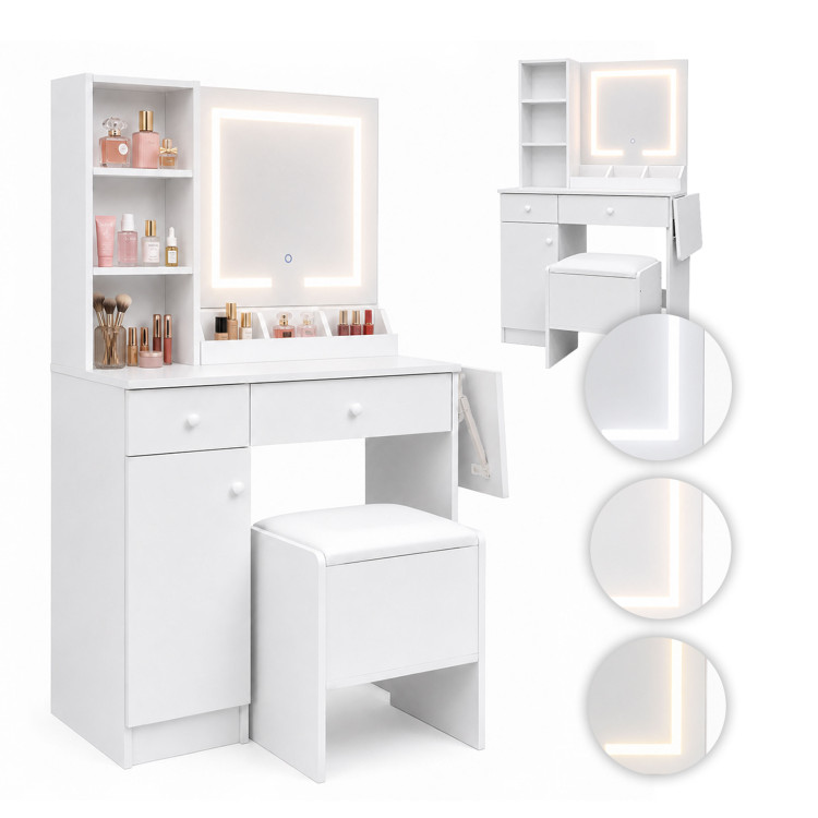 Kozmetický stolík so zrkadlom a LED osvetlením v 3 farbách, sklopná doska, police, zásuvky, stolička ModernHome