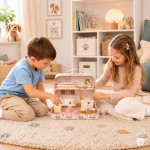 Domček pre bábiky v kufríku, poschodový, s dreveným nábytkom - 20 doplnkov ECOTOYS
