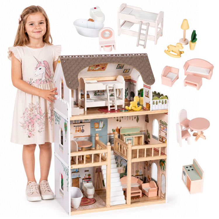 Drevený domček pre bábiky Laura, 3 poschodia, 5 izieb, 15 kusov nábytku, ECOTOYS Drevený domček pre bábiky Laura, 3 poschodia, 5 izieb, 15 kusov nábytku, ECOTOYS