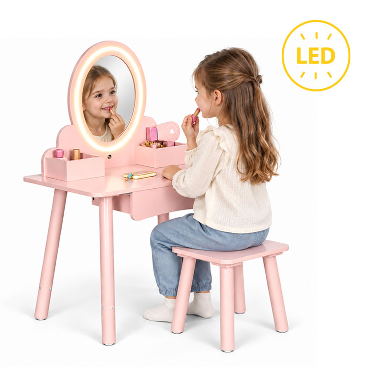 Detský drevený toaletný stolík so zrkadlom, LED osvetlením, zásuvkou, stoličkou a 6 doplnkami, ružový, ECOTOYS Detský drevený toaletný stolík so zrkadlom, LED osvetlením, zásuvkou, stoličkou a 6 doplnkami, ružový, ECOTOYS