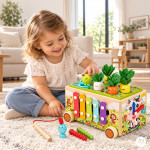 Drevená vzdelávacia kocka „žabka“ 8 v 1 – vozík, triedič, cimbaly, lovenie červíkov – ECOTOYS